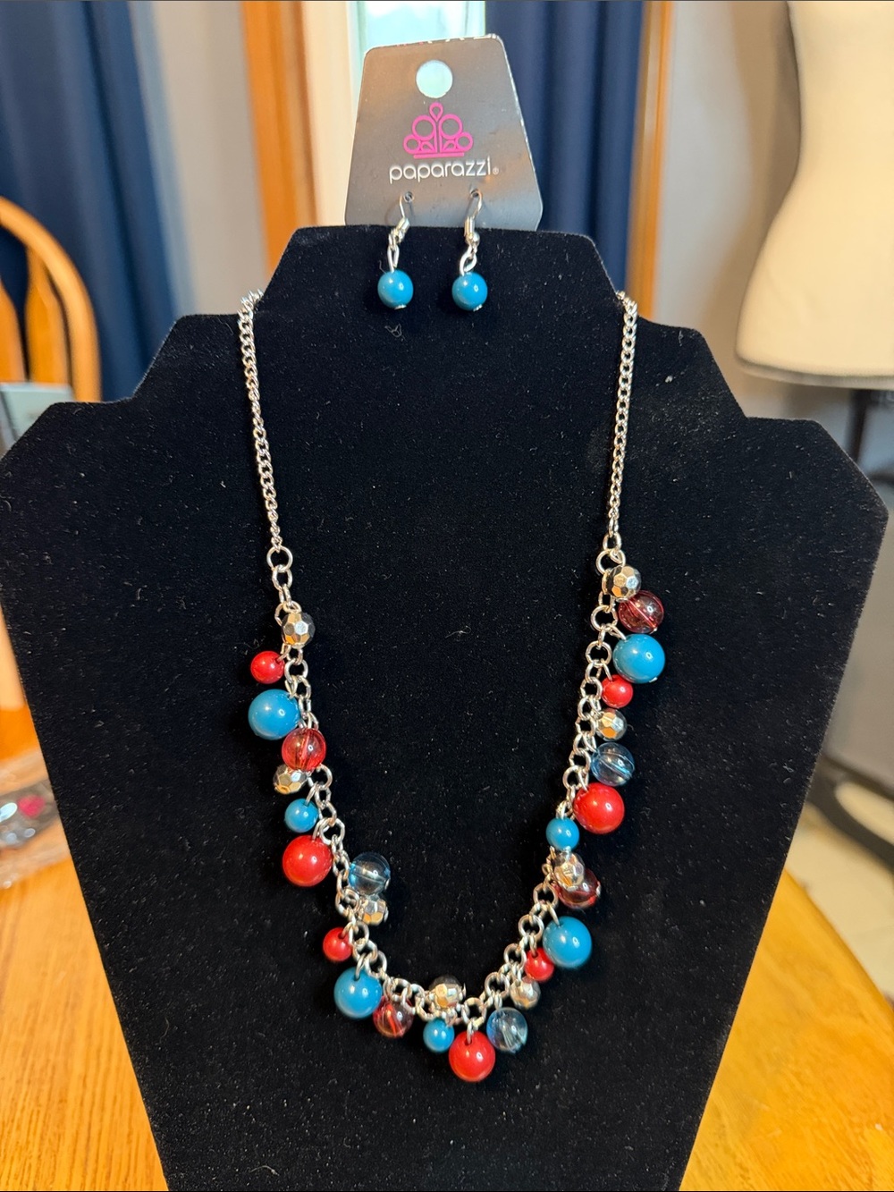 paparazzi Red and Blue Beaded Chain Necklace with Earrings